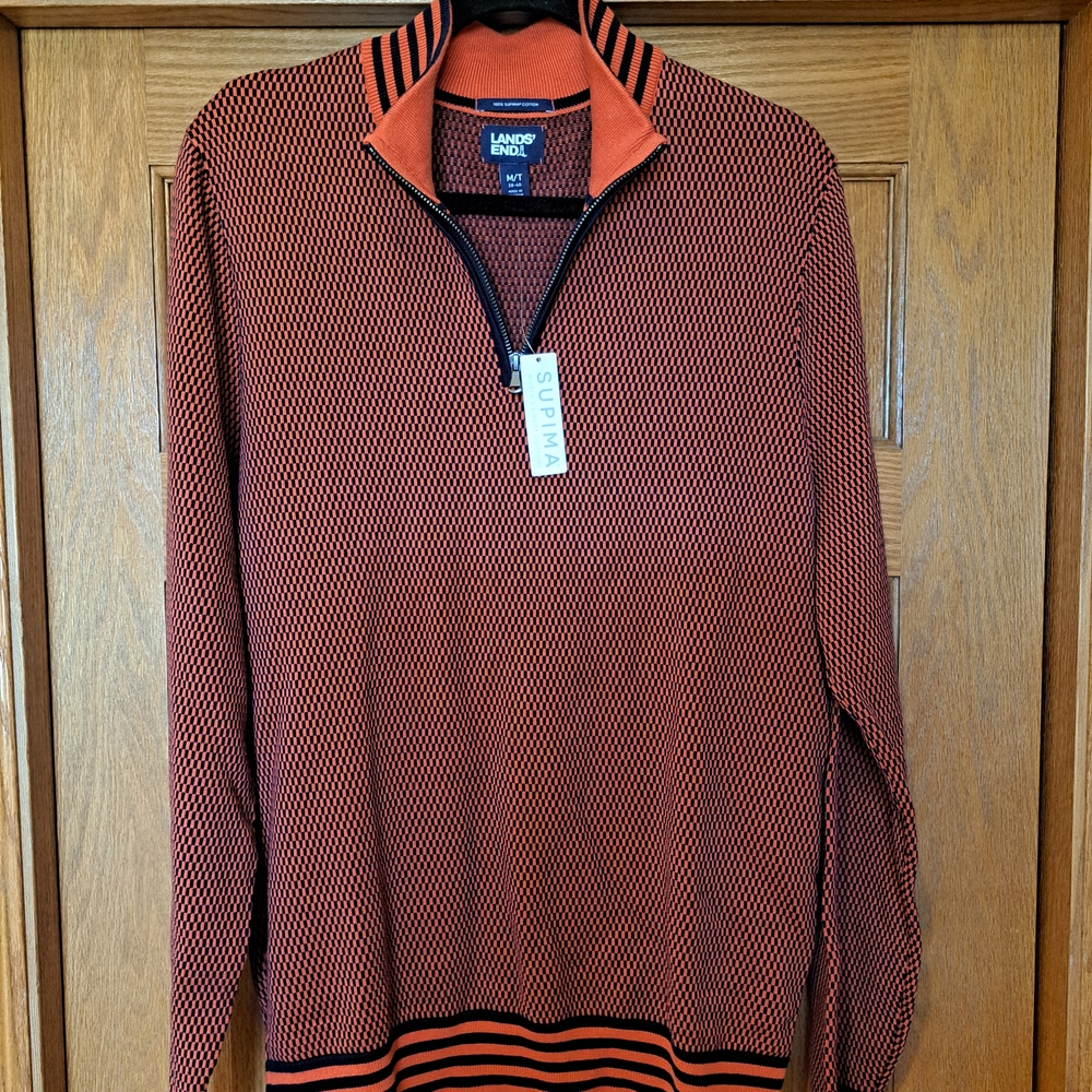 Lands' End Men's Zip-Up Sweater in Orange and Black